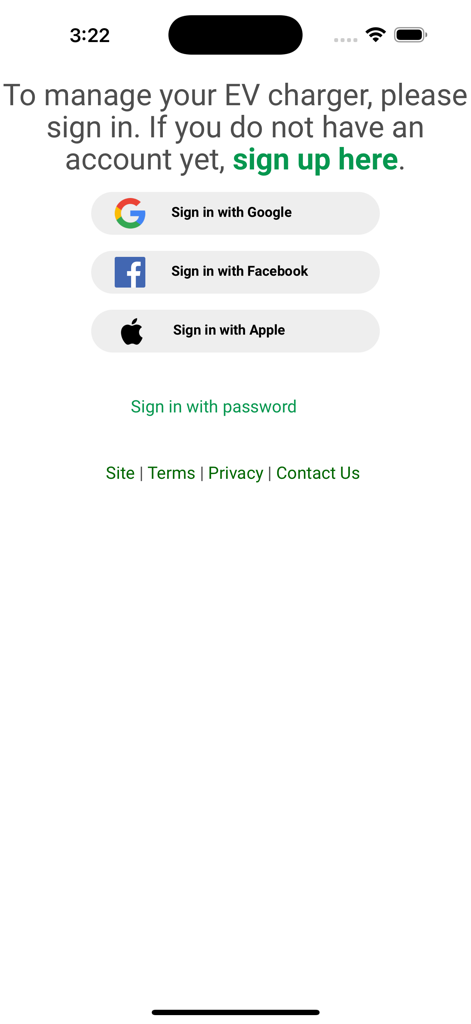 Unico Power - Sign-in screen for the Unico Power EV charging management app with social login buttons for Google, Facebook, and Apple.