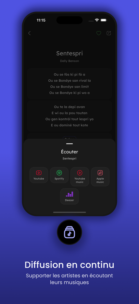 Le Chants d'Espérance - Screenshot of Le Chants d'Esperance app showing Haitian Creole lyrics and a menu with options to listen on Spotify, YouTube, or Apple Music.