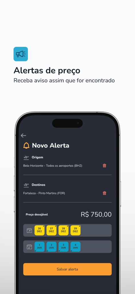 Voopter - Preços de Voos - Interface of the Voopter app showing how to set up a new price alert for flights with multiple date selections and a target budget.