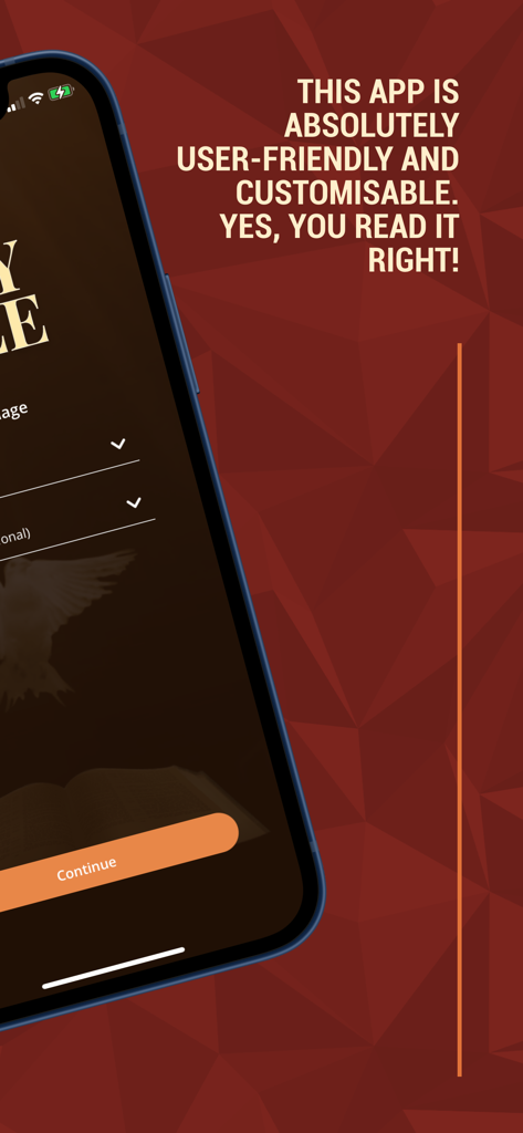 Holy Bible - Multilingual App - A promotional screen for the Holy Bible Multilingual App highlighting its user-friendly and customizable features on a dark red geometric background.