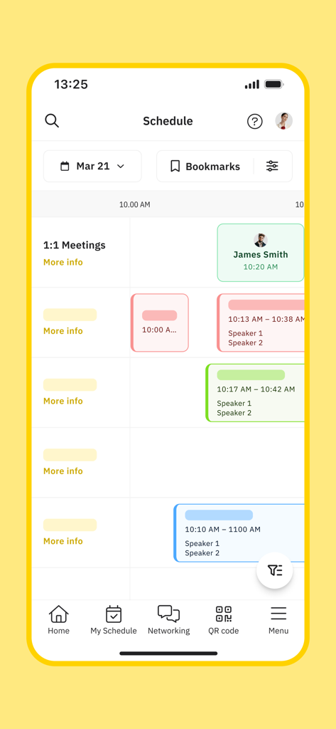 Consensus app schedule screen showing event sessions and one on one meetings