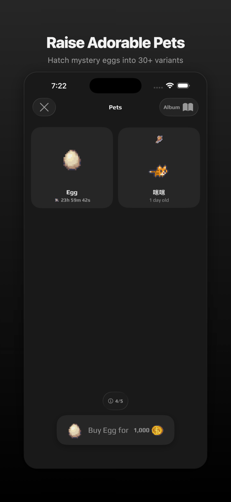 Peeps - For Friends & Couples - Uma interface minimalista e escura do aplicativo Peeps mostrando opções para chocar ovos misteriosos e gerenciar pets de pixel art.