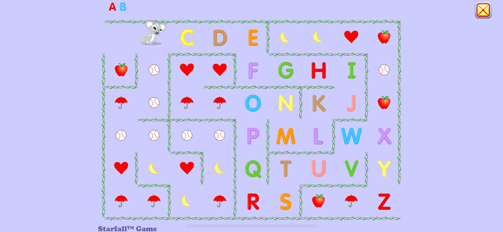 Jogo educativo de labirinto de alfabeto para crianças com letras e ícones coloridos