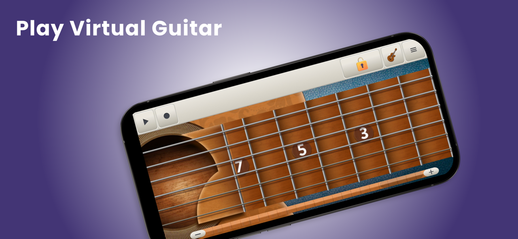 Virtual Guitar - Play Guitar - Interface de l'application de guitare virtuelle montrant le manche d'une guitare acoustique sur un smartphone