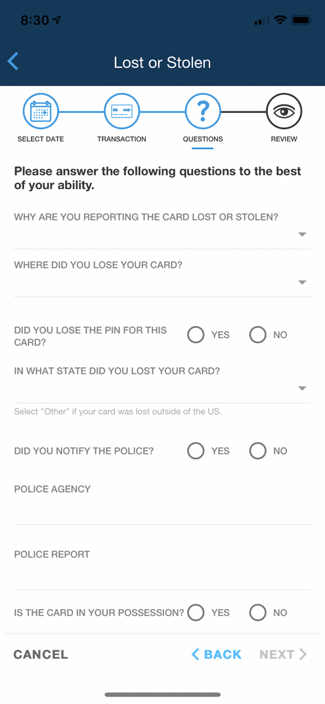 Leaders Card Controls - Interface for reporting a lost or stolen credit card in the Leaders Card Controls app