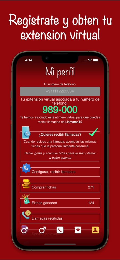LlamameTu - Hablar por hablar - Pantalla de perfil de usuario de la aplicación LlamameTu que muestra una extensión de teléfono virtual y configuraciones de llamada en español