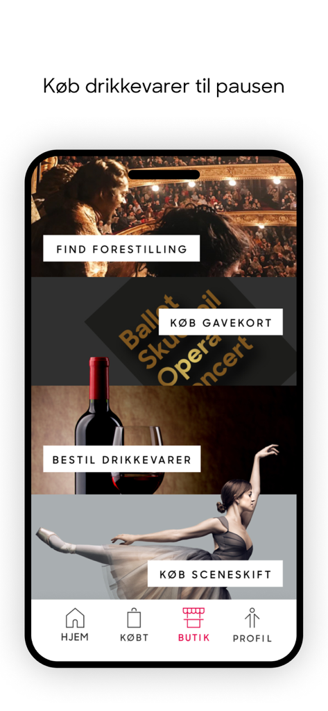 Home screen of the Royal Danish Theatre app with options to find performances and order drinks.
