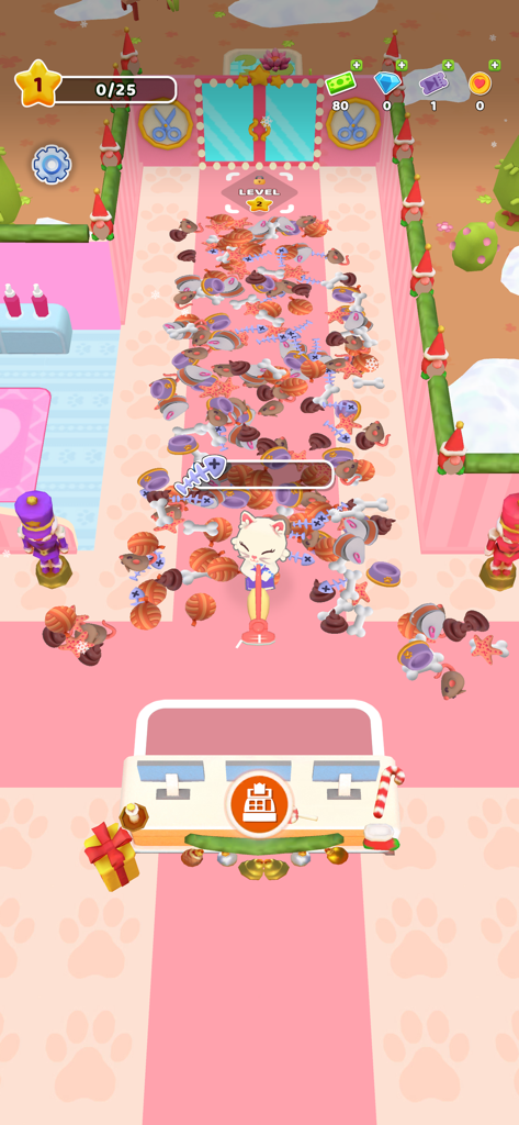 Purrfect Cat Club: Pet Salon - Un bonito personaje gato blanco limpiando desorden y basura en un salón rosa con decoraciones navideñas