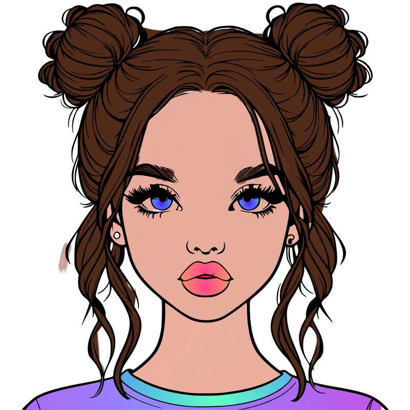 realistic girl with two buns in hair and lips