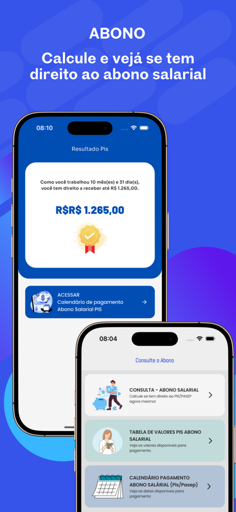 FGTS | App do Trabalhador 2025 - FGTS 근로자 2025 앱의 스크린샷으로, PIS 급여 보너스 계산 결과 및 지급일 달력 옵션 표시