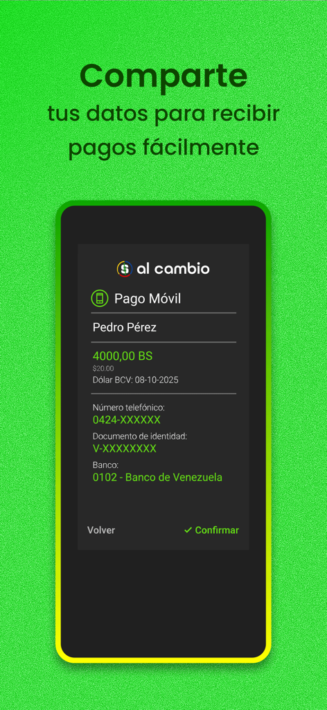 Interface d'application mobile montrant un profil de paiement Pago Movil avec les coordonnées bancaires et les informations sur le taux de change dans Al Cambio.