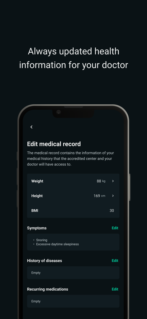 Biologix - Biologix app screen showing a medical record with BMI and sleep symptoms for doctor review