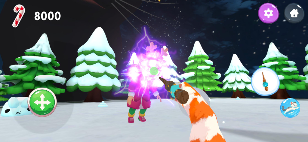 Vista en primera persona de un gato naranja jugando en un entorno navideño nevado en Cat from Hell Simulator