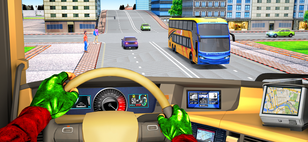 Coach Bus Simulator Game 2023 - Una perspectiva en primera persona de conducir un autobús por una calle de la ciudad con un salpicadero funcional y navegación GPS