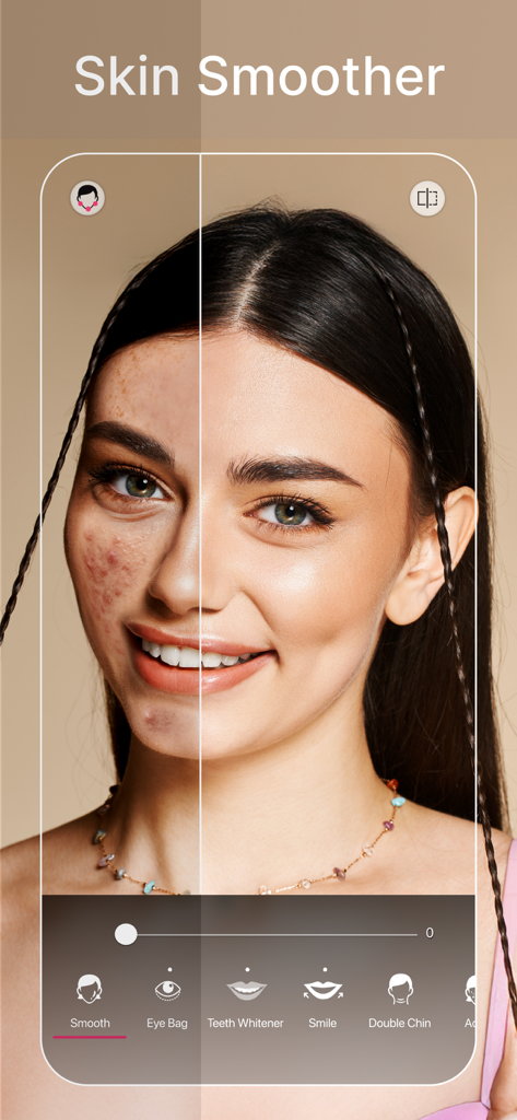 Before and after demonstration of skin smoothing and acne removal feature in YouCam Perfect