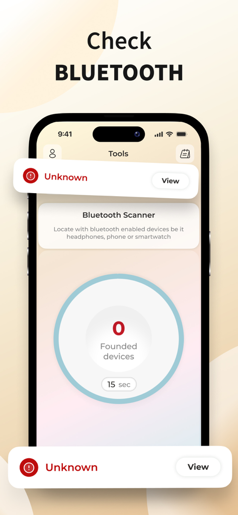 Smartphone screen showing a bluetooth scanner feature to detect nearby hidden devices for privacy