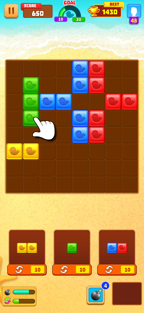 Match Tiles: Block Puzzle Game - Écran de jeu de Match Tiles montrant des blocs d'oiseaux colorés sur une grille de puzzle avec un arrière-plan de plage.