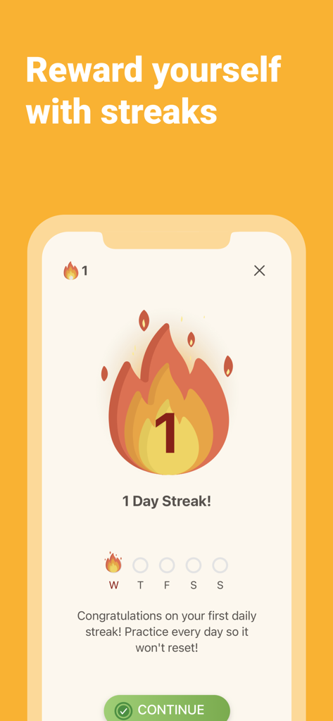Lingvano app screen showing a one day ASL learning streak with a fire icon.