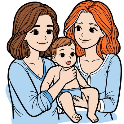 two realistic women holding one baby together