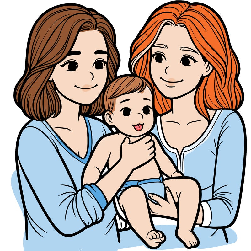 two realistic women holding one baby together