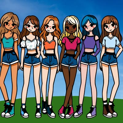 a group of girls wearing crop tops and shorts