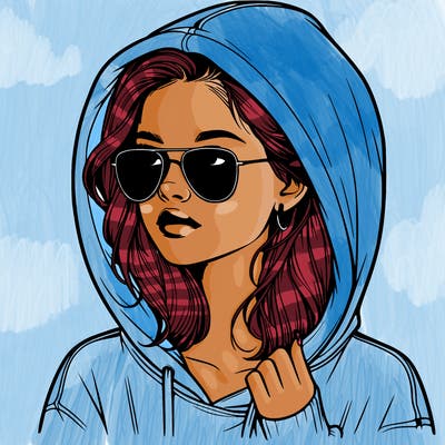 realistic teenage girl, wearing a hoodie and sunglasses
