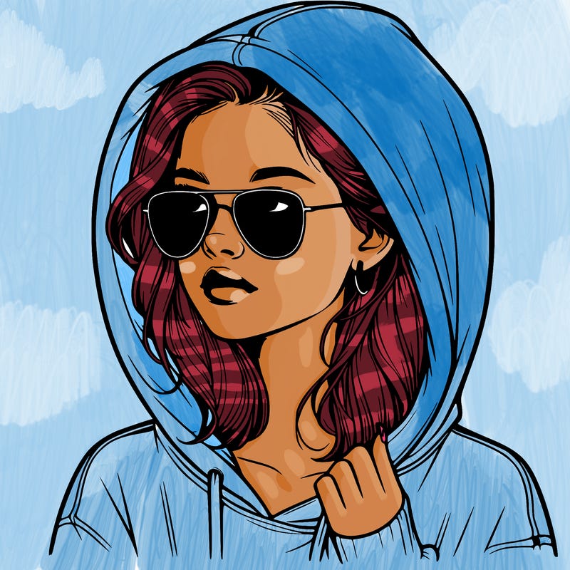 realistic teenage girl, wearing a hoodie and sunglasses