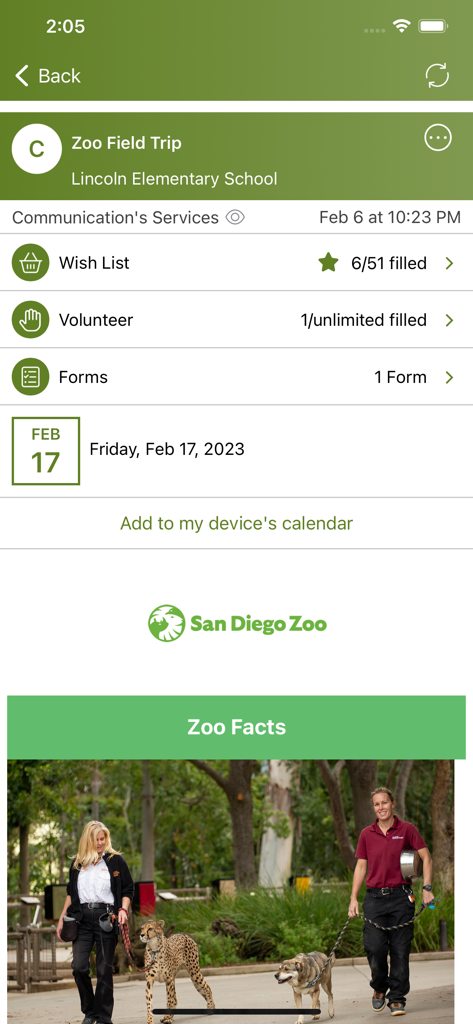 ParentSquare - ParentSquare app screen showing details for a school zoo field trip including volunteer signups and a wishlist