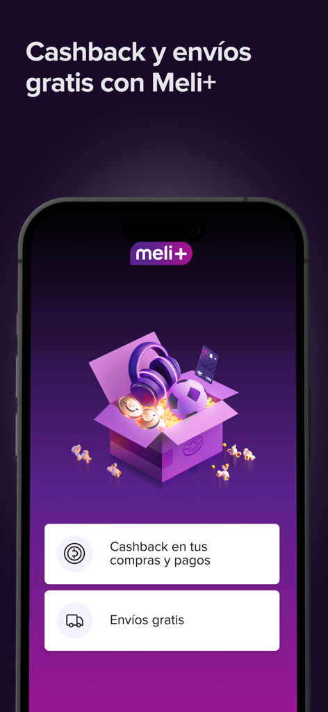 Mercado Pago app screen showing Meli plus rewards for cashback and free shipping