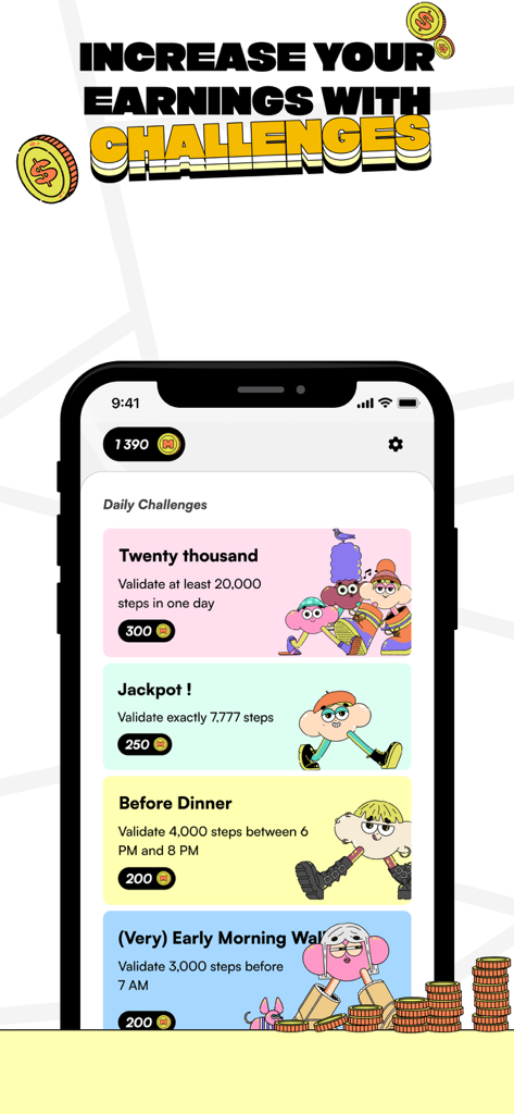 Macadam, The Step Counter. - Macadamアプリのインターフェース。コインと報酬を獲得するための毎日の歩数チャレンジを表示。