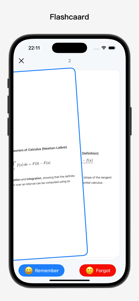 BoardNotes app flashcard interface on iPhone displaying calculus study material with remember and forgot review buttons