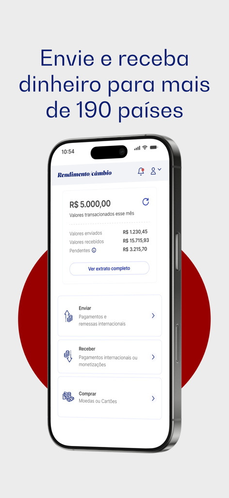 Rendimento Cambio App-Oberfläche mit internationalen Geldtransferoptionen und Transaktionszusammenfassung
