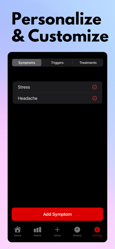 Blood Pressure Tracker° - Interfaz de la aplicación Rastreador de Presión Arterial mostrando opciones de personalización para rastrear síntomas como estrés y dolor de cabeza.