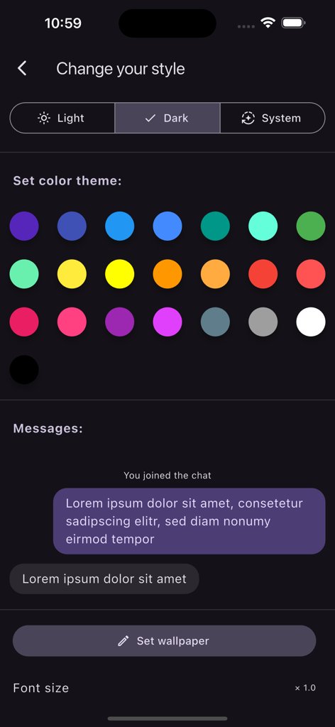 FluffyChat app interface for changing style settings including dark mode options color theme selection and message preview