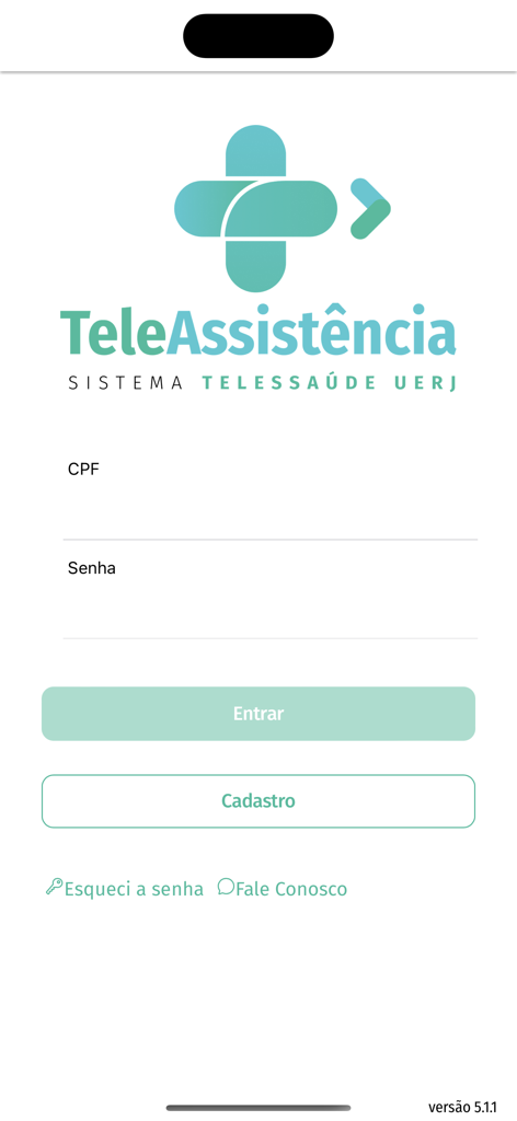 Teleassistencia UERJ - Login screen of the Teleassistencia UERJ app featuring a medical cross logo and input fields for CPF and password.