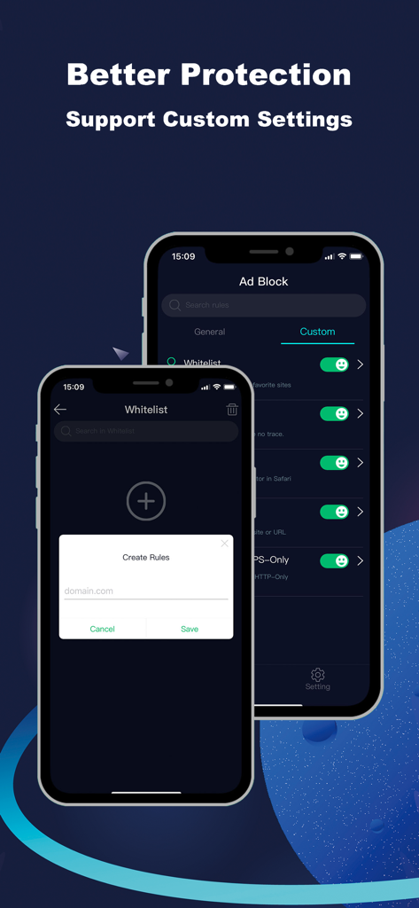 Interfaz de la aplicación Bloqueador de Anuncios y Filtros con reglas personalizadas y configuración de lista blanca en dos iPhones.