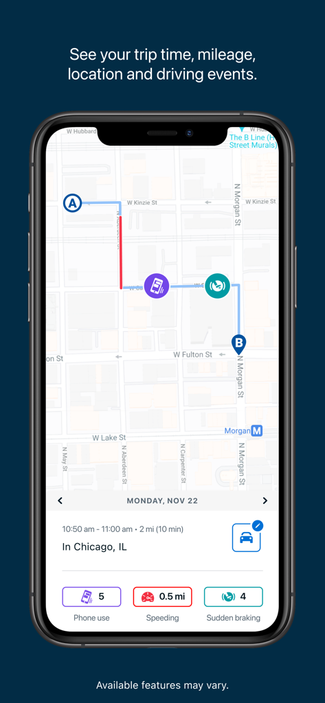 DynamicDrive - Vista mappa nell'app DynamicDrive che mostra un percorso di guida con icone per l'uso del telefono e eventi di frenata improvvisa