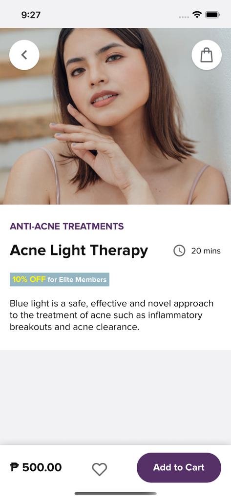 SkinStation app screen displaying Acne Light Therapy treatment details and price