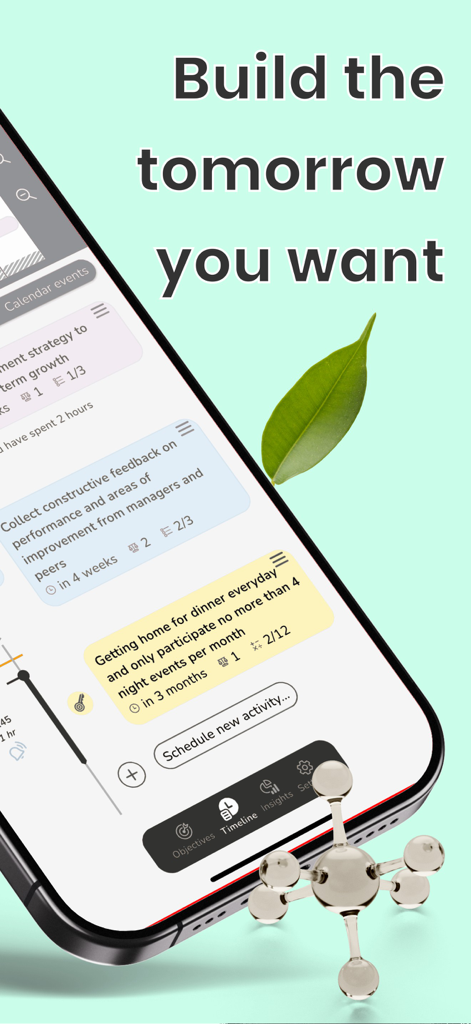 My OKR - Achieve What Matters - 「なりたい未来を築く」というテキストが表示されたMy OKRアプリの目標追跡インターフェースを表示するスマートフォン画面
