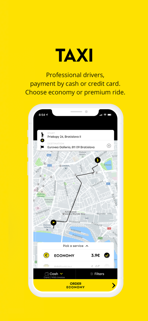 HOPIN - tap for transport - HOPIN mobile app interface showing a taxi booking route and pricing in Bratislava