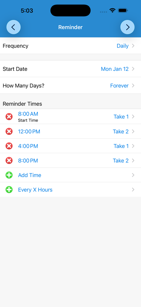 Tela de configurações para agendar doses diárias de medicação no aplicativo Lembrete de Pílulas