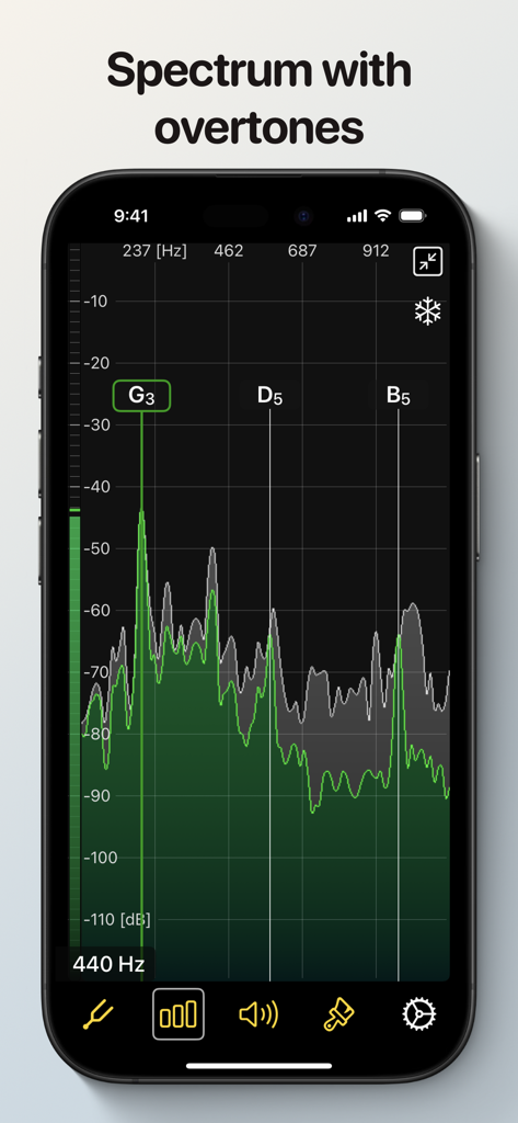 UniTuner Pro - Chromatic Tuner - UniTuner Pro mobile app interface showing a detailed audio spectrum with harmonic overtones and note markers for G3 D5 and B5