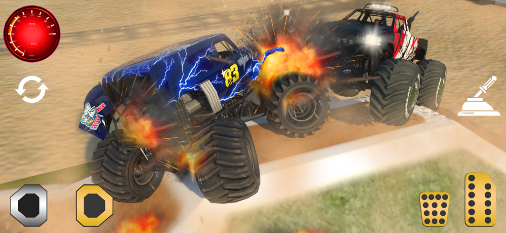 Monster Truck 4x4 Mania Racing - Dos monster trucks chocando con una explosión en un juego de carreras de demolición.