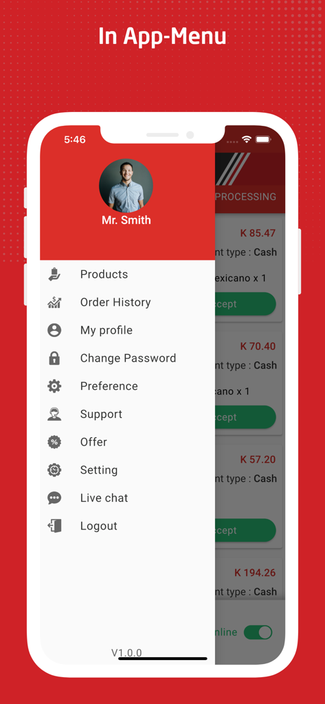 GoFood (PNG) Shop - GoFood PNG Shopアプリのマーチャントサイドナビゲーションメニュー。商品と注文履歴のオプションが表示されています。