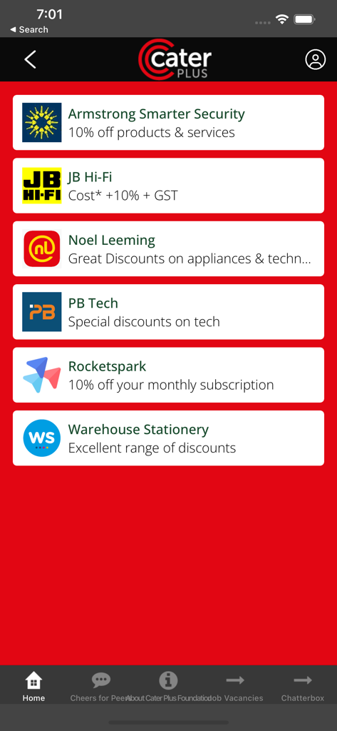 Cater Plus - Cater Plus 앱 화면, 독점 파트너 할인 및 직원 혜택 목록 표시