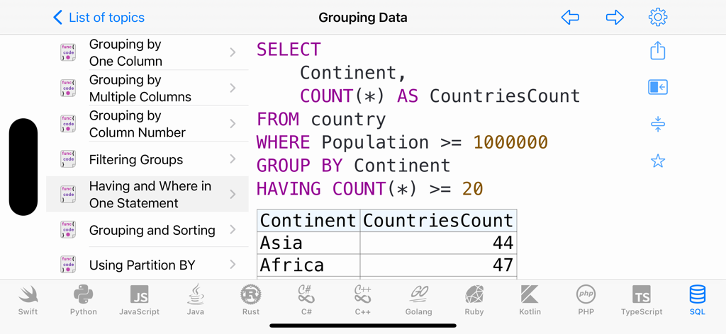 SQL code snippet for grouping data with HAVING and WHERE clauses in the Code Recipes app interface