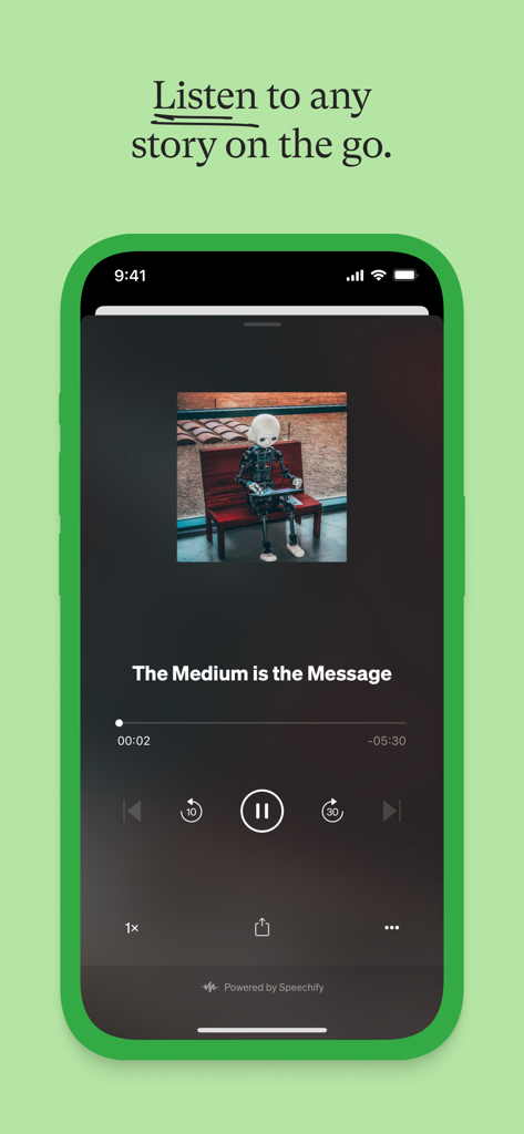 Medium: Read & Write Stories - ストーリーを聴くためのMediumアプリオーディオプレーヤーインターフェイスを表示するスマートフォンの画面。