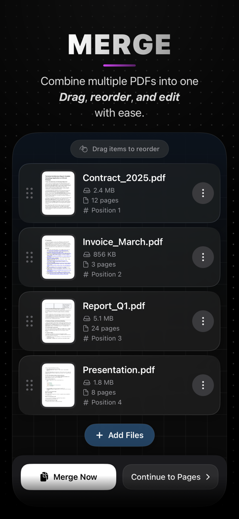 PDFWelder – PDF Merger - PDFWelderアプリのインターフェイスには、契約書や請求書などの文書のリストが表示され、1つのPDFファイルに結合されています。