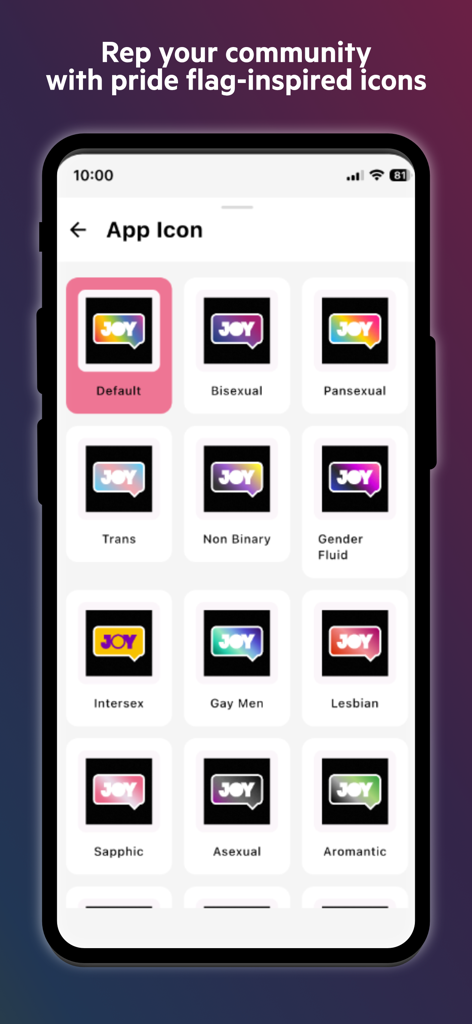A selection of JOY 94.9 app icons inspired by various LGBTQIA+ pride flags.