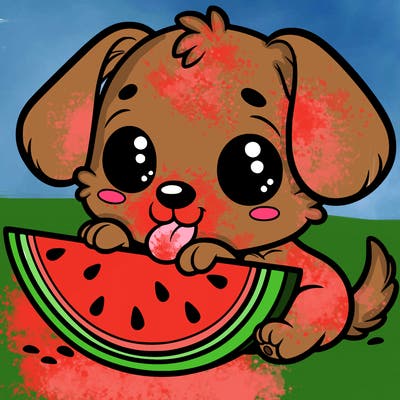 puppy eating watermelon